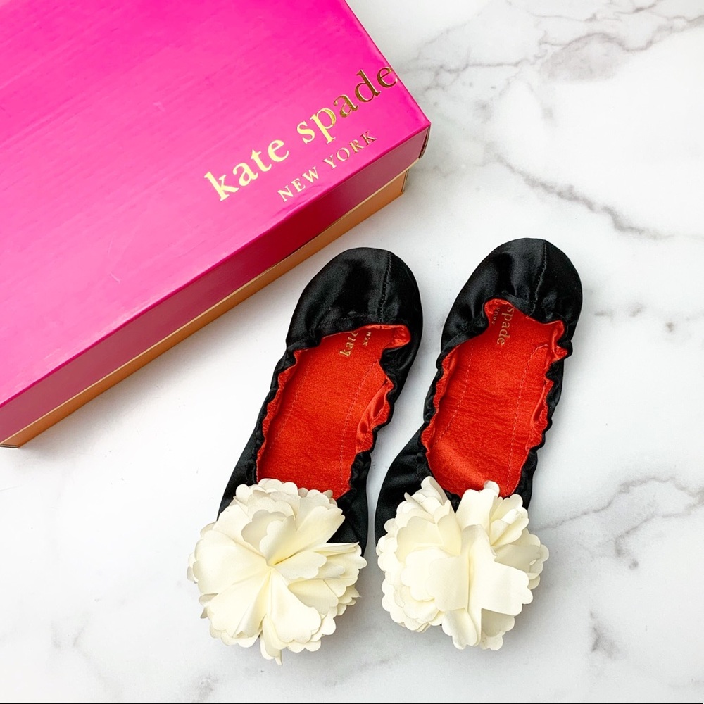 KATE SPADE Charlene Black with Cream Pom Pom Flats